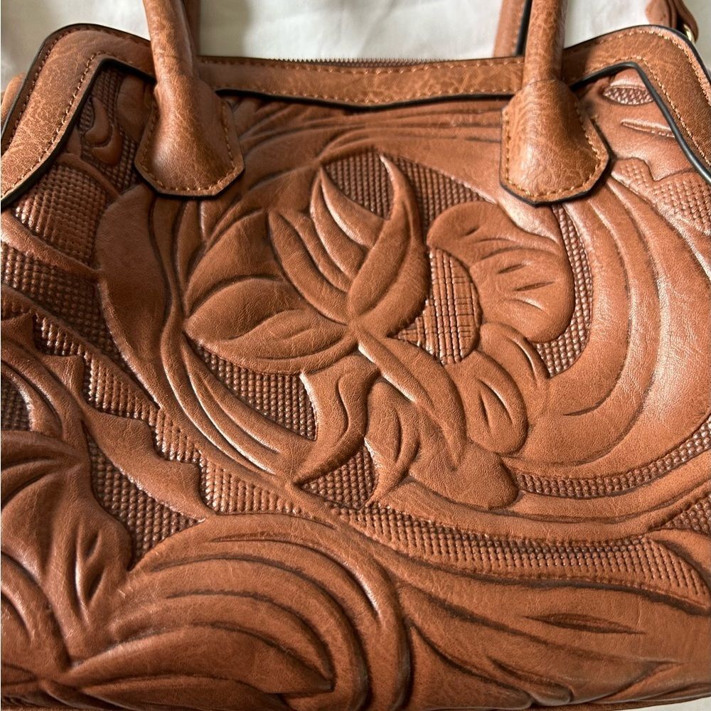 Floral Embossed Brown Non-Leather Shoulder Bag